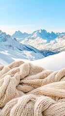 Cozy knitted blanket rests against backdrop of snow covered mountains under a clear blue sky. Peaks stretch into distance. Winter scene with soft texture.