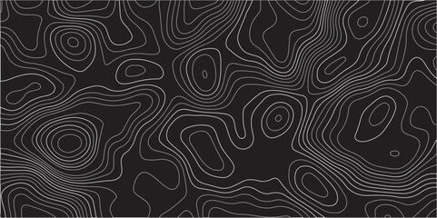 Fototapeta premium An abstract topographic map design featuring thin, light gray contour lines intricately weaving across a solid black background. The lines undulate and curve,