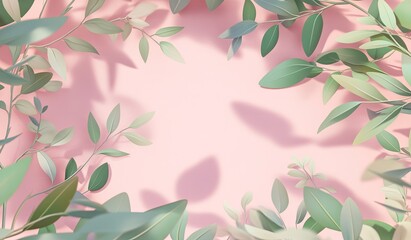 Light green leaves frame a pale pink background, casting shadows