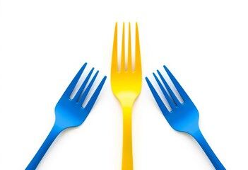 Yellow fork stands out among two blue forks on a white background,  table setting,  plastic