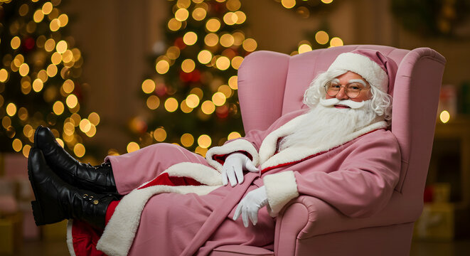 Santa Claus relaxing in a pink armchair after Christmas holidays festive season