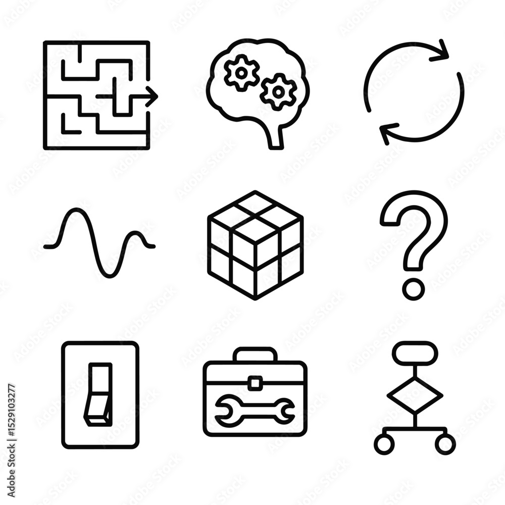 Poster adaptive thinking icons. outline icon set of adaptive thinking: maze path, brain with gears, pivot a