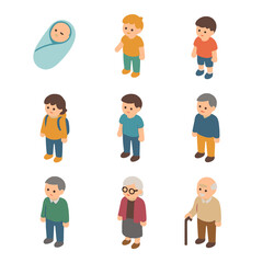 Age Groups Icons. Isometric Flat icon set of age groups: newborn, toddler, child, teenager, young adult, adult, middle-aged,