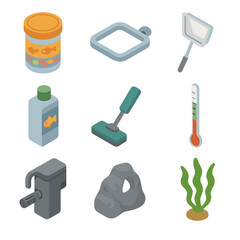 Fototapeta premium Aquarium Essentials Icons. Isometric Flat icon set of feeding fish their evening meal: fish food flakes jar, feeding ring,