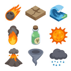 Fototapeta premium Apocalyptic Icon Set. Isometric Flat icon set of Apocalyptic events: meteor strike, earthquake fissure, flood wave, firestorm
