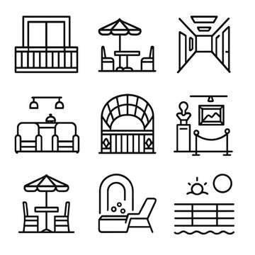 Architectural Icon Grid. Outline icon set of architectural settings: modern balcony, rooftop terrace, office corridor, hotel lobby