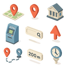 Naklejka na ściany i meble Isometric Bank Icons. Isometric Flat icon set of ATM and Branch Locator: map with location pin, GPS marker icon, bank branch