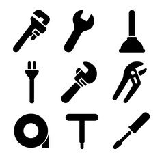 Obraz premium Basic Plumbing Tools. Solid, Filled icon set of basic plumbing tools: pipe wrench, adjustable wrench, plunger, basin wrench, pipe
