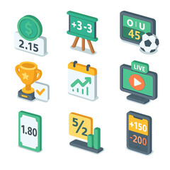 Betting Odds Icons. Isometric Flat icon set of betting odds types: Moneyline, Spread, Total, Prop bet, Futures, Live odds, Decimal