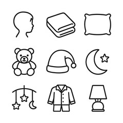 Bedtime Comfort Icons. Outline icon set of bedtime comfort: child silhouette, blanket, pillow, teddy bear, nightcap, moon, star