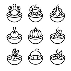 Bisque Icons Grid. Outline icon set of bisque variations: crab bisque, shrimp bisque, scallop bisque, tomato bisque, pumpkin