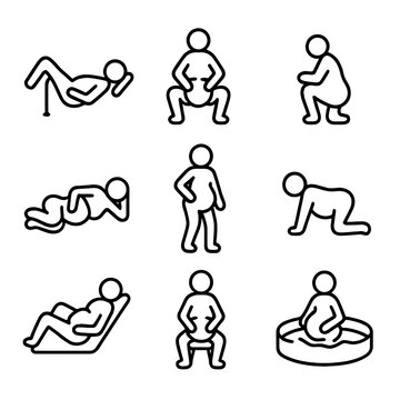 Birthing Positions Icons. Outline icon set of birthing positions: lithotomy, squatting, kneeling, side-lying, standing,