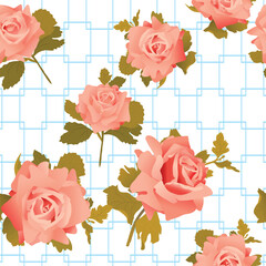 Seamless pattern of vector pink roses on a white background with gold chains is perfect for elegant fabric, wallpaper and stationery designs.