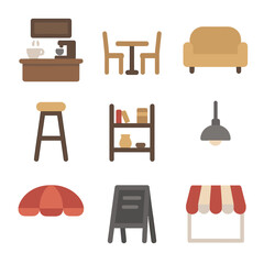 Caf&eacute; Icon Set. Flat icon set of caf&eacute; interior: counter, tables, chairs, sofa, bar stool, shelf, lamp, awning, chalkboard menu..