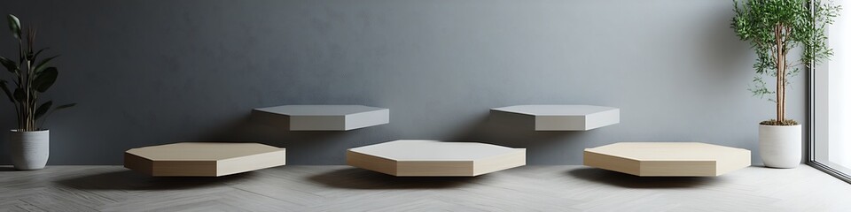 Floating 3D hexagon platforms with neutral tones and minimal tech product