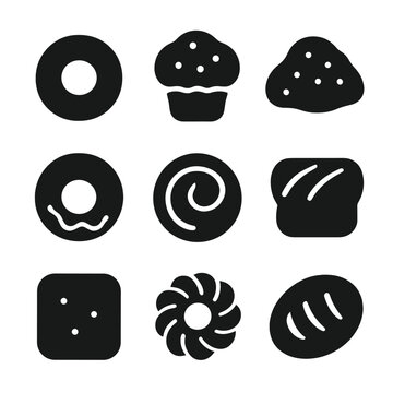 Breakfast Pastry Icons. Solid, Filled icon set of breakfast pastries: bagel, muffin, scone, donut, cinnamon roll, babka, beignet,