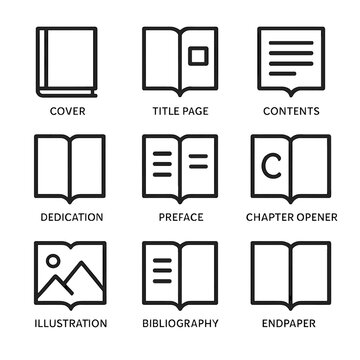 Book Icon Grid. Outline icon set of book page sections: cover page, title page, contents page, dedication page, preface page,