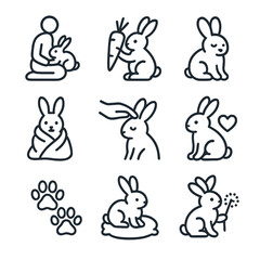 Bunny Hugs Icons. Outline icon set of bunny hugs: rabbit on lap, carrot, closed eyes, blanket, ear stroke, heart, paw prints, soft