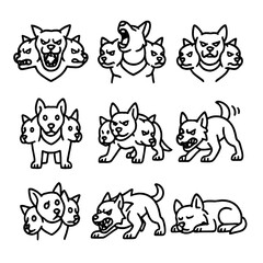 Cerberus Emotions Icons. Outline icon set of Cerberus emotions: fierce growl, triumphant roar, snarling lips, alert stance,