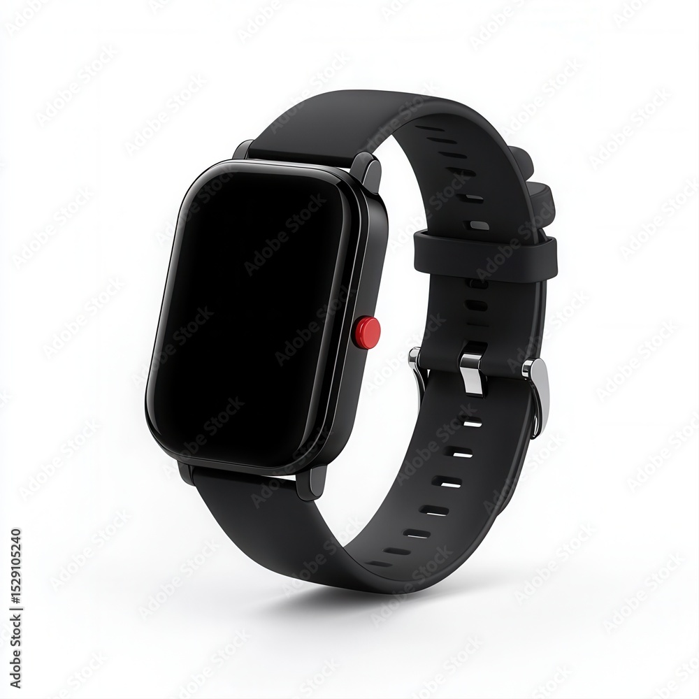 Poster black smartwatch with red button and smooth strap on white background