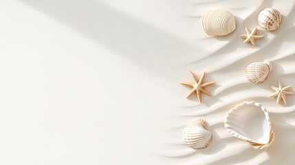 Seashells and starfish lying on white sand creating wave patterns with soft shadows ideal as background for summer time advertisement