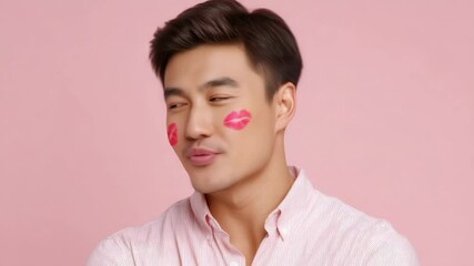 Portrait of a Young Man with Playful Lipstick Kiss Marks on Cheeks Against Soft Pink Background