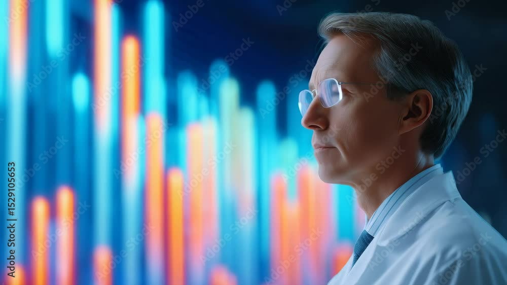 Poster profile of a thoughtful scientist in lab coat observing neon data visualizations in laboratory envir