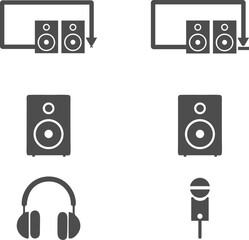 Audio Equipment Icons: A collection of simple yet detailed icons depicting various audio equipment, including stereo speakers, a single speaker, headphones, and a microphone. Perfect for websites.
