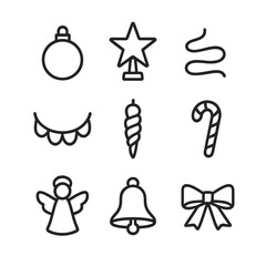 Christmas Icon Grid. Outline icon set of Christmas tree ornaments: bauble, star topper, tinsel, garland, icicle ornament, candy
