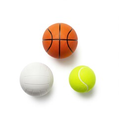 Three sports balls including basketball, volleyball, and tennis ball  
