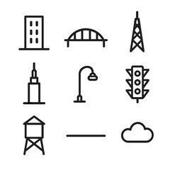 City Skyline Icons. Outline icon set of city skyline horizon: skyscraper outline, bridge arch, antenna mast, tower spire,