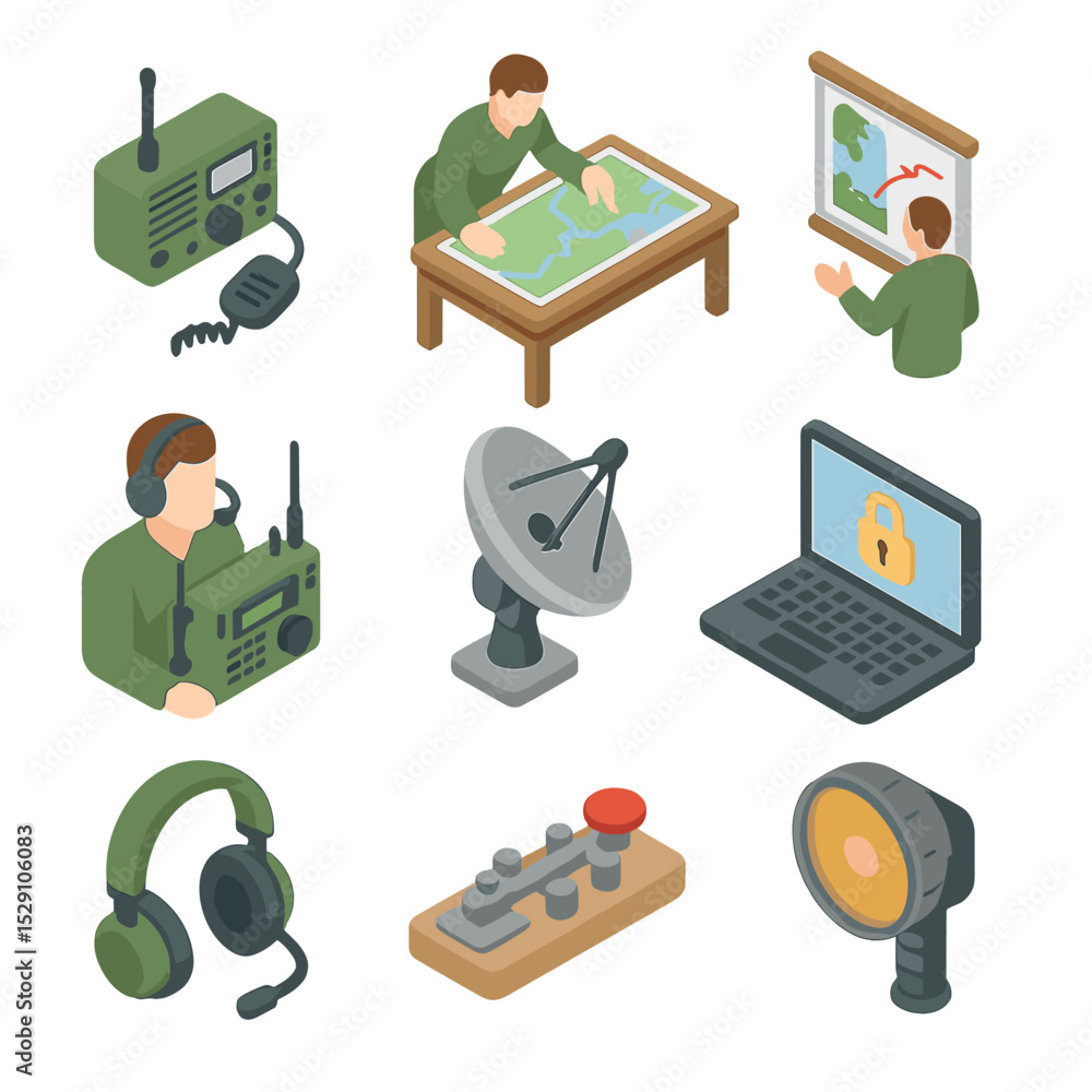 Poster command post icon set. isometric flat icon set of command post operations: radio communication, map 