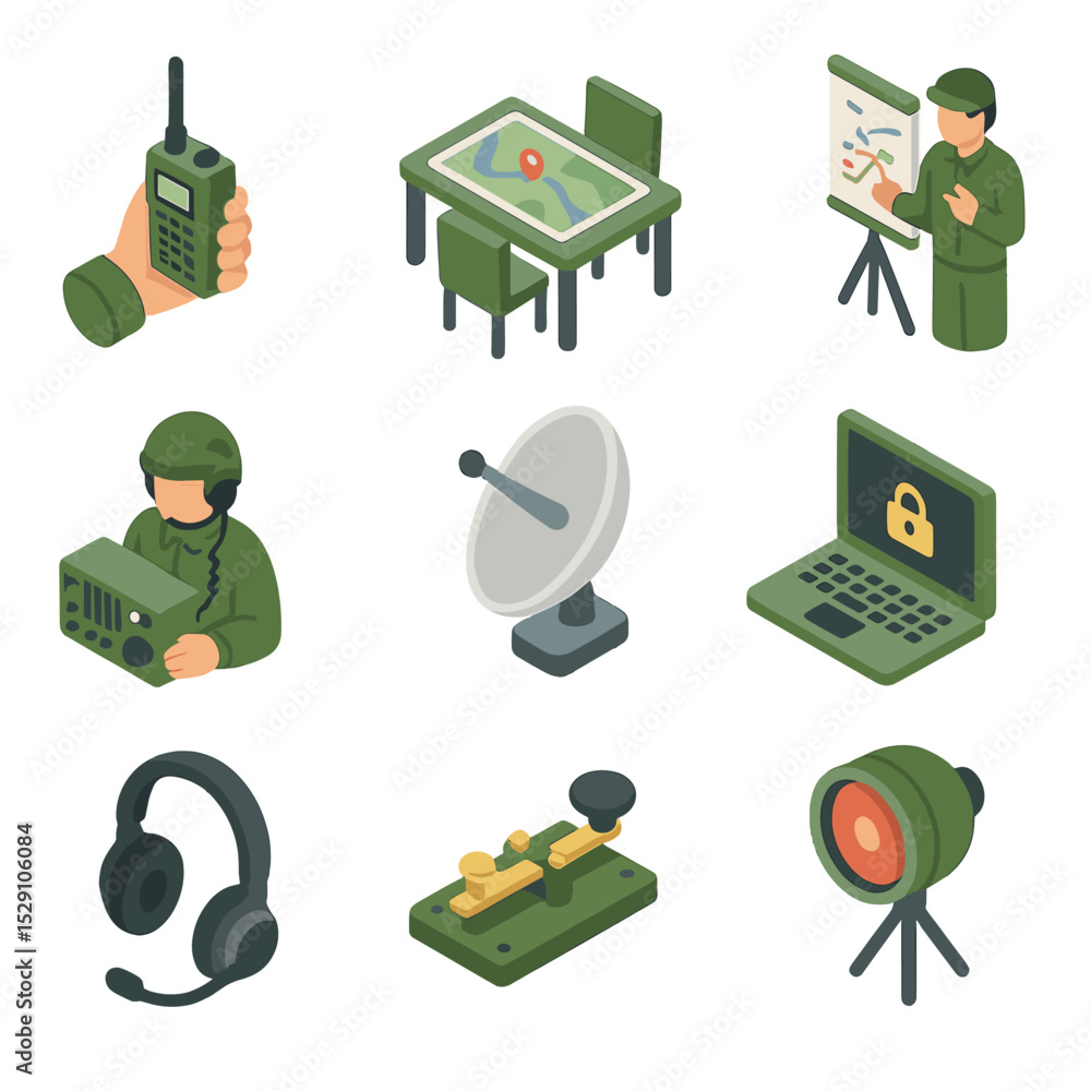Poster command post icon set. isometric flat icon set of command post operations: radio communication, map 