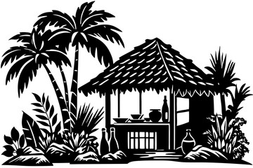 Obraz premium Tropical hut with palm trees and bottles