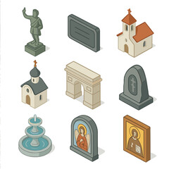 Commemorative Monument Icons. Isometric Flat icon set of commemorative monuments: statue, memorial plaque, church, chapel,
