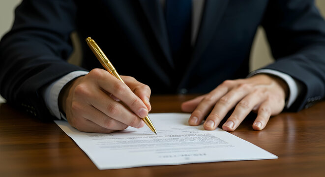 Businessman signing important contract document deal agreement success finance legal office workplace professional corporate job career golden pen paperwork