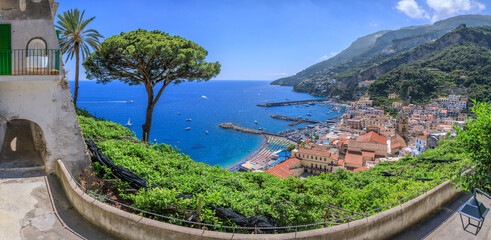 Amalfi Coast panoramic view: Amalfi townscape from scenic stairway in Campania, Italy.