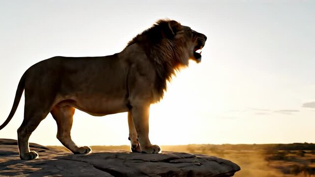 Majestic lion standing on a rocky outcrop, roaring at sunset, with a vast landscape and soft clouds in the background, symbolizing strength and freedom - lion roar video