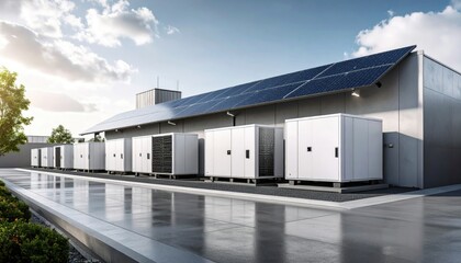 Edge Cloud Infrastructure Displaying Metallic Servers with Solar Panels on Urban Rooftop under Cloudy Sky
