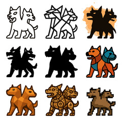 Fototapeta premium Cerberus Icon Grid. Solid, Filled icon set of Cerberus artistic styles: minimalist outline, geometric abstraction, watercolor