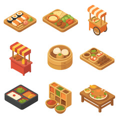 Culinary Icons Collection. Isometric Flat icon set of culinary art presentations: sushi platter, mezze board, taco cart, street