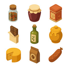 Culinary Souvenir Icons. Isometric Flat icon set of culinary souvenirs: spice jar, local jam jar, tea tin, chocolate bar, olive