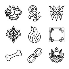 Cerberus Motif Icons. Outline icon set of Cerberus decorative motifs: baroque swirl, tribal pattern, gothic filigree, runic border