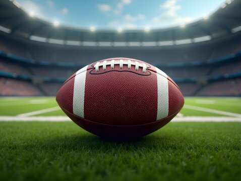 American football pigskin with blurred football field stadium background