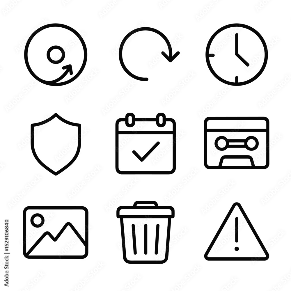 Poster data backup icons. outline icon set of data backup and recovery: backup disk, restore arrow, time ma