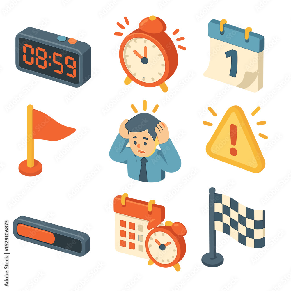 Aufkleber deadline icon set. isometric flat icon set of deadline countdown: digital countdown timer, red blink