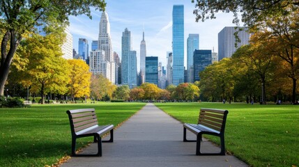 Fototapeta premium Serene Park Pathway with Benches and City Skyline in Fall Atmosphere