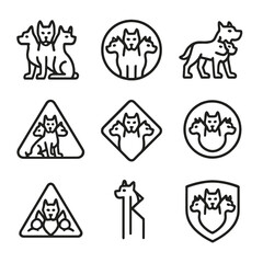 Cerberus Icon Set. Outline icon set of Cerberus symbolism: loyalty emblem, guardian icon, threshold mark, danger sign, underworld