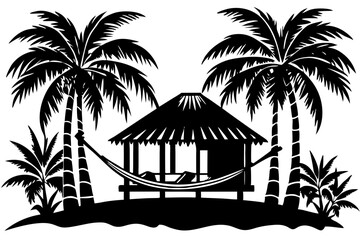Obraz premium Tropical beach hut with hammock and palm trees