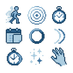 Chronal Shift Icons. Pixel art icon set of chronal shift elements: phase shift icon, time ripple, echo clock, offset calendar,